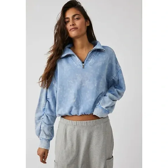 Free People Movement Valley Girl Sweatshirt Acid Wash Blue Quarter-Zip Pullover - Picture 1 of 12